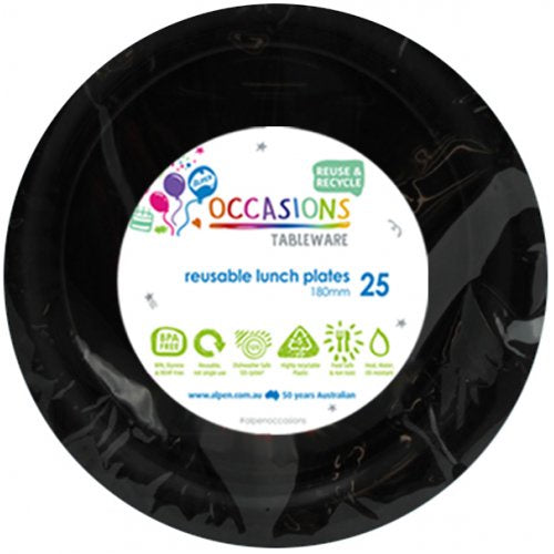 Black 180mm Reusable Plastic Plate Pack of 25