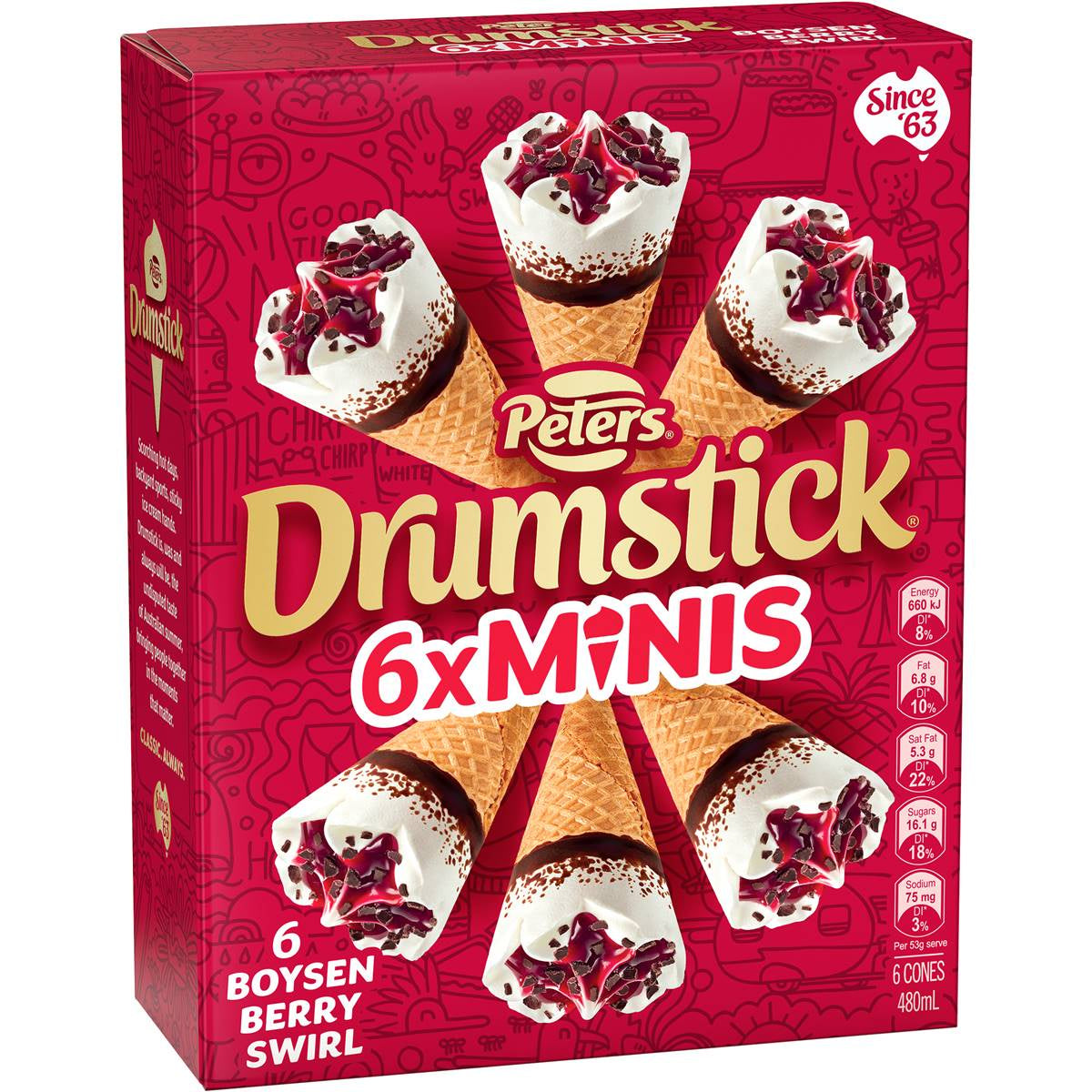 Peters Drumsticks Minis Boysenberry Swirl 480ml 6pk