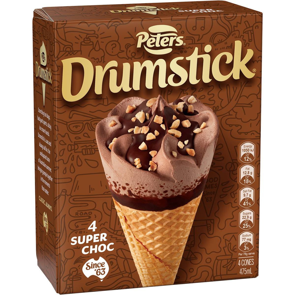 Peters Super Choc Drumstick 475ml 4pk