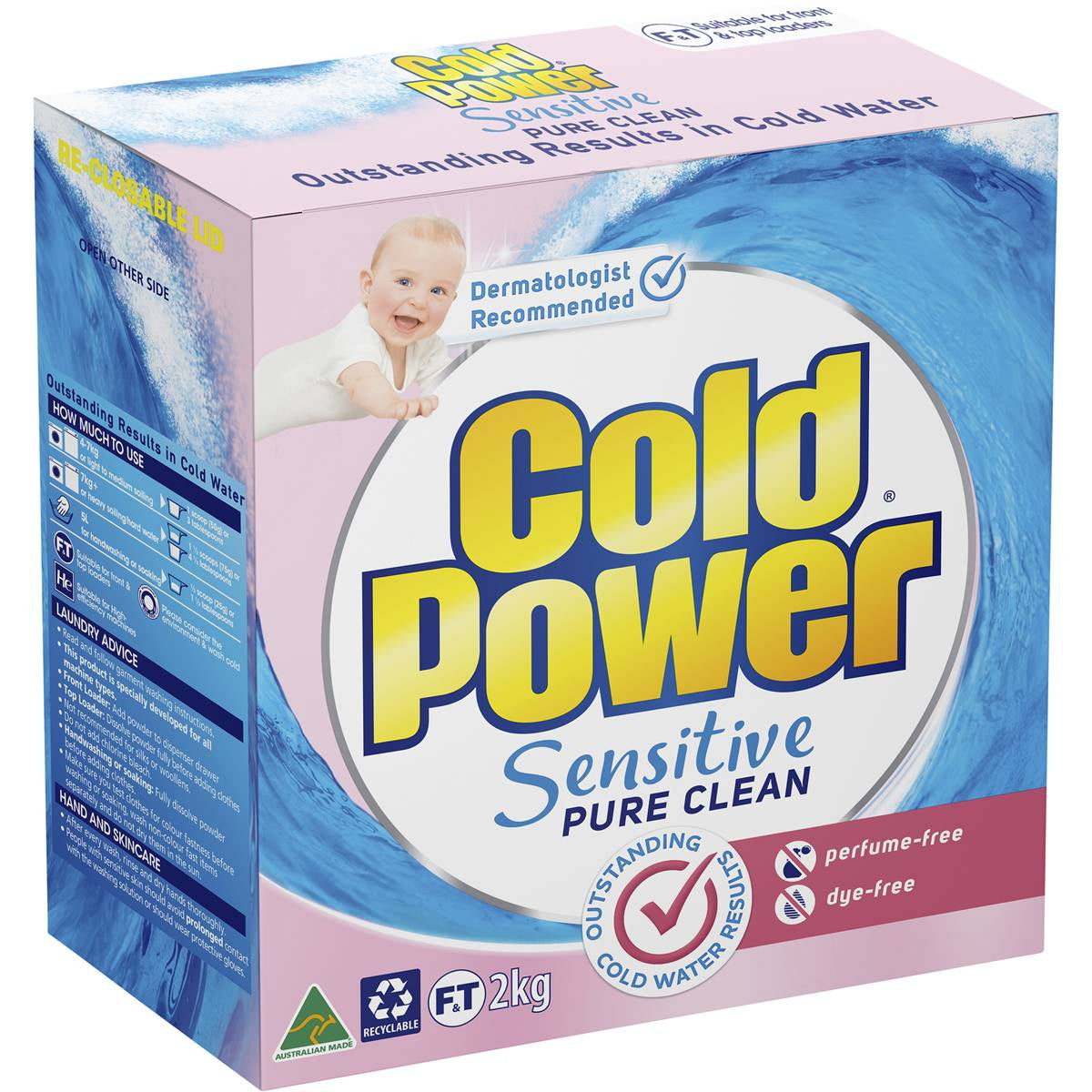 Cold Power Laundry Powder Front and Top Loader Sensitive Pure Clean 2kg