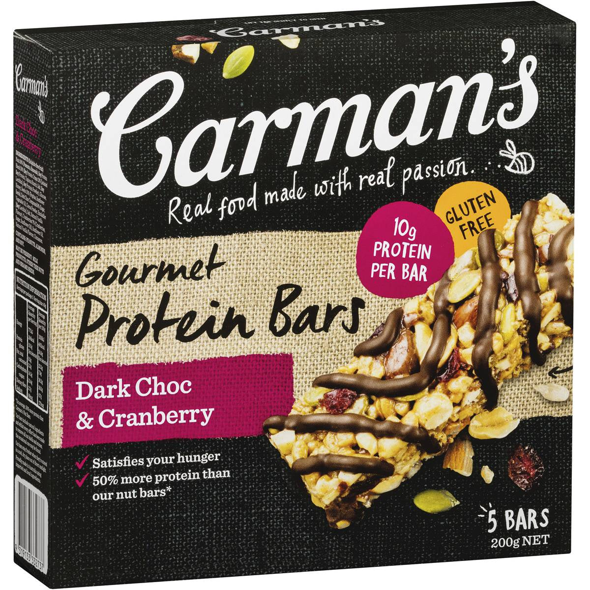 Carmans GF Dark Choc & Cranberry Protein Bars 200g 5pk